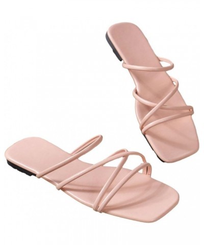 PU Leather Flat Slip on Sandals Cross Strap Open Toe Summer Slide Sandals Pink Strap $10.56 Sandals