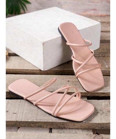 PU Leather Flat Slip on Sandals Cross Strap Open Toe Summer Slide Sandals Pink Strap $10.56 Sandals