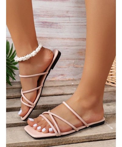 PU Leather Flat Slip on Sandals Cross Strap Open Toe Summer Slide Sandals Pink Strap $10.56 Sandals