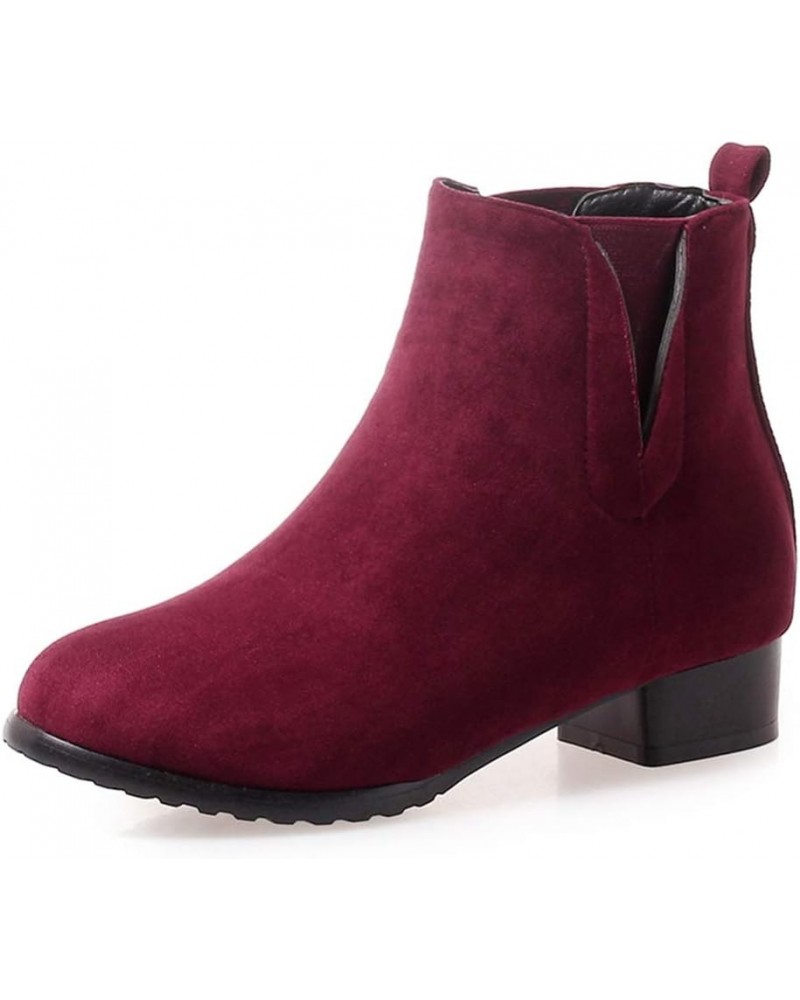 Women Ankle Boots with Rounded Toe and Chunky Heel Burgundy $22.13 Boots