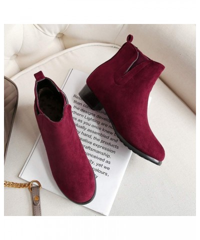 Women Ankle Boots with Rounded Toe and Chunky Heel Burgundy $22.13 Boots