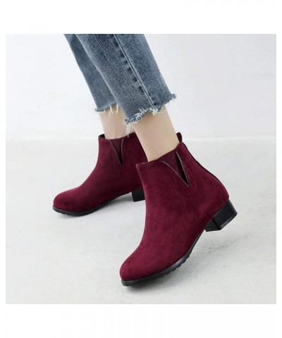 Women Ankle Boots with Rounded Toe and Chunky Heel Burgundy $22.13 Boots