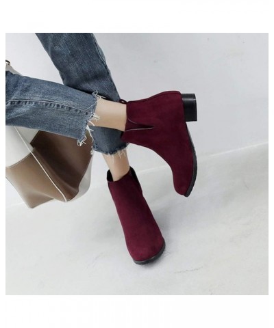 Women Ankle Boots with Rounded Toe and Chunky Heel Burgundy $22.13 Boots