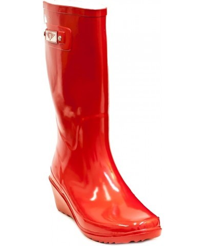 Women Wedge Rubber Rain Boots Fire Red $20.48 Boots