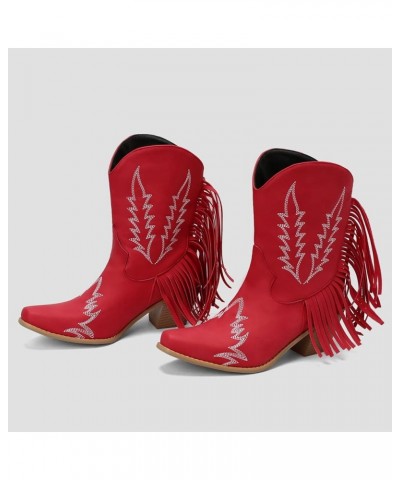 Womens Fashion 6CM Block Heels Pull On Ankle Boots Tassel Embroidered Knight Short Booties Red $27.27 Boots