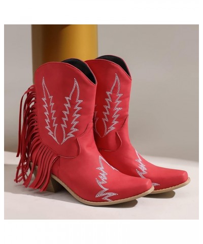 Womens Fashion 6CM Block Heels Pull On Ankle Boots Tassel Embroidered Knight Short Booties Red $27.27 Boots