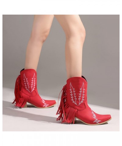 Womens Fashion 6CM Block Heels Pull On Ankle Boots Tassel Embroidered Knight Short Booties Red $27.27 Boots