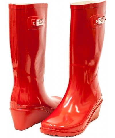 Women Wedge Rubber Rain Boots Fire Red $20.48 Boots