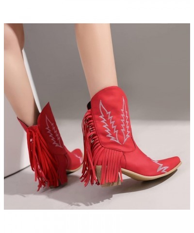 Womens Fashion 6CM Block Heels Pull On Ankle Boots Tassel Embroidered Knight Short Booties Red $27.27 Boots