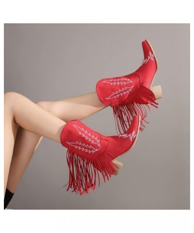 Womens Fashion 6CM Block Heels Pull On Ankle Boots Tassel Embroidered Knight Short Booties Red $27.27 Boots