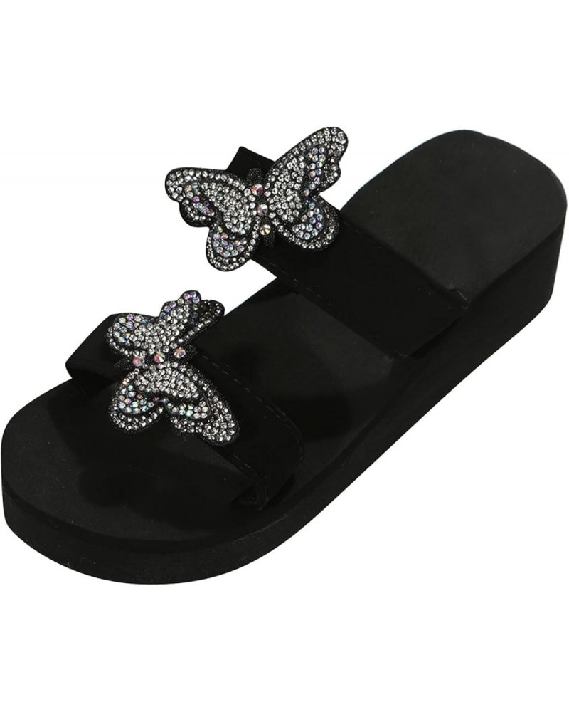 Womens Water Sandals Size 11 Women Slope Heel Thick Bottom Beach Slipper Bright Diamond Butterfly Fashion Slippers (Black, 6....