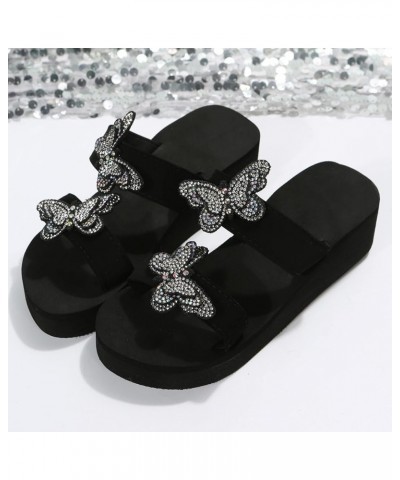 Womens Water Sandals Size 11 Women Slope Heel Thick Bottom Beach Slipper Bright Diamond Butterfly Fashion Slippers (Black, 6....