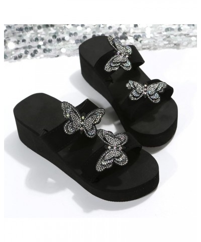 Womens Water Sandals Size 11 Women Slope Heel Thick Bottom Beach Slipper Bright Diamond Butterfly Fashion Slippers (Black, 6....