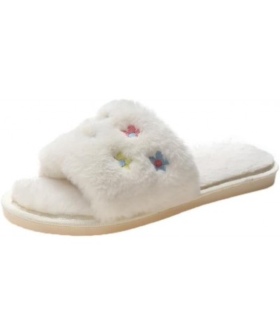 Women Cozy Plush Open Toe Floral Pattern Slipper Soft Faux Fur Slide Slippers Fuzzy Flat Slides Indoor Outdoor White $12.25 S...