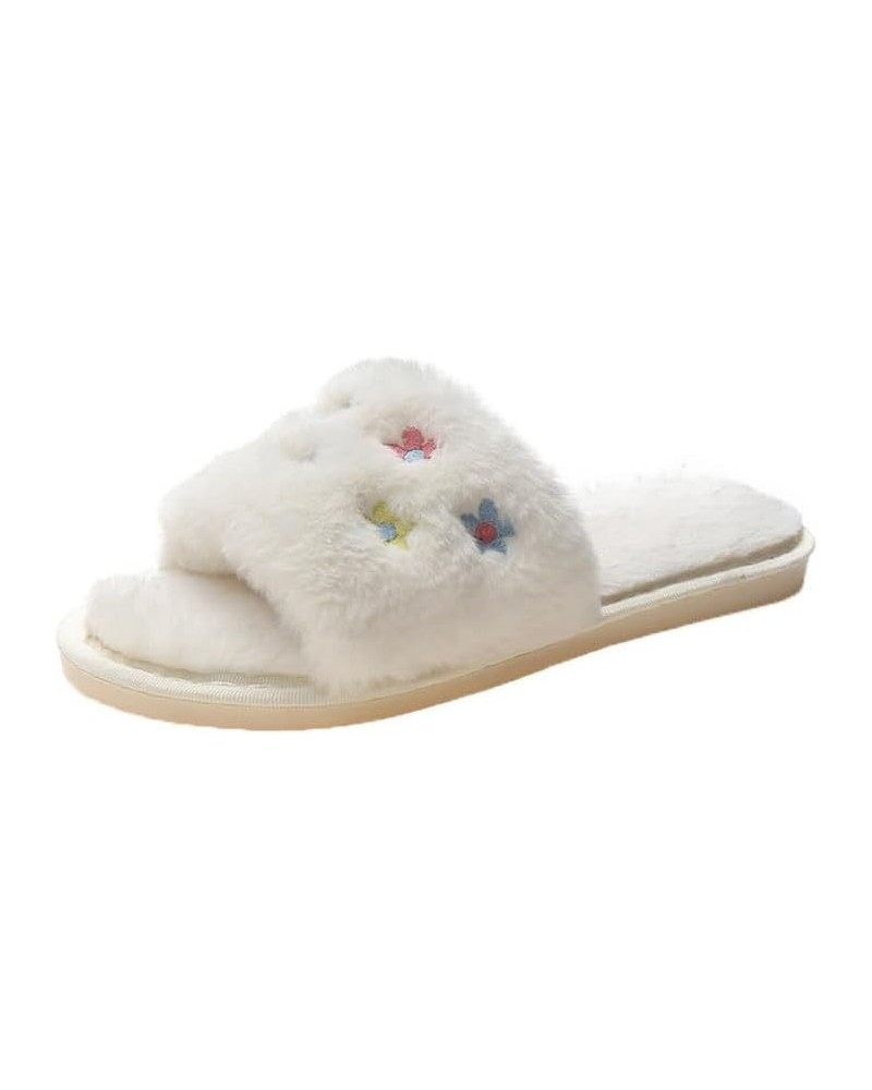 Women Cozy Plush Open Toe Floral Pattern Slipper Soft Faux Fur Slide Slippers Fuzzy Flat Slides Indoor Outdoor White $12.25 S...