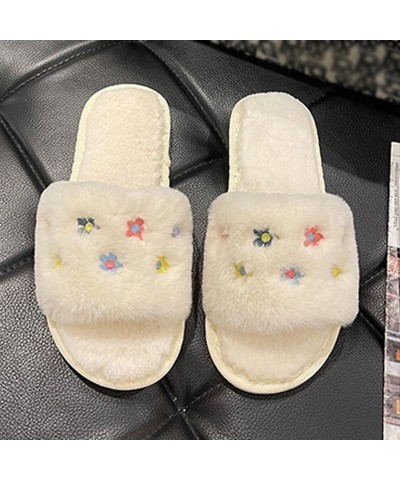 Women Cozy Plush Open Toe Floral Pattern Slipper Soft Faux Fur Slide Slippers Fuzzy Flat Slides Indoor Outdoor White $12.25 S...