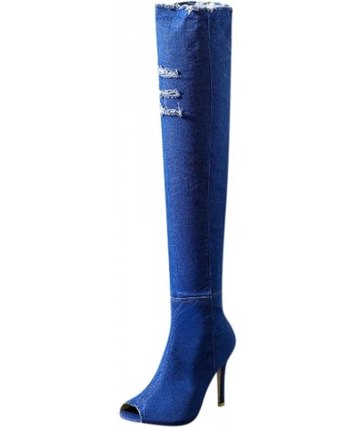 Women's Boots High Heels Spring Tight Over The Knee Boots Fashion Autumn Open Toe Boots for Women Booties Sexy Blue $21.40 Boots