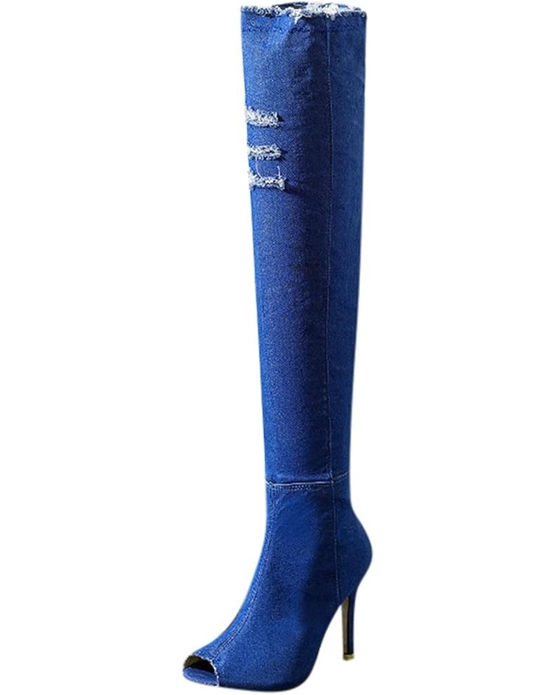 Women's Boots High Heels Spring Tight Over The Knee Boots Fashion Autumn Open Toe Boots for Women Booties Sexy Blue $21.40 Boots