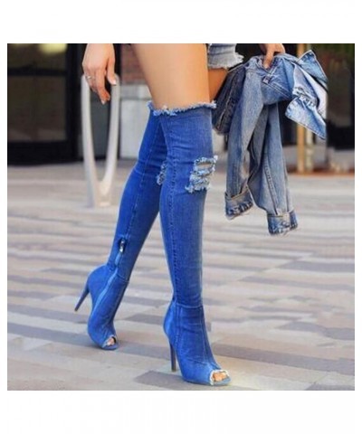 Women's Boots High Heels Spring Tight Over The Knee Boots Fashion Autumn Open Toe Boots for Women Booties Sexy Blue $21.40 Boots