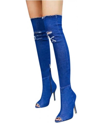 Women's Boots High Heels Spring Tight Over The Knee Boots Fashion Autumn Open Toe Boots for Women Booties Sexy Blue $21.40 Boots