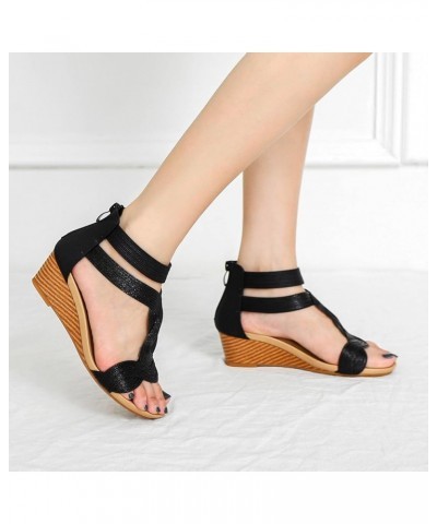 Sandals Women Wedge Low Heel, Spring Summer Fashion Open Round Toe Solid Color Back Zipper Soft Sole Comfortable Dressy Simpl...