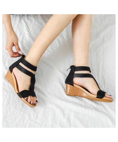 Sandals Women Wedge Low Heel, Spring Summer Fashion Open Round Toe Solid Color Back Zipper Soft Sole Comfortable Dressy Simpl...