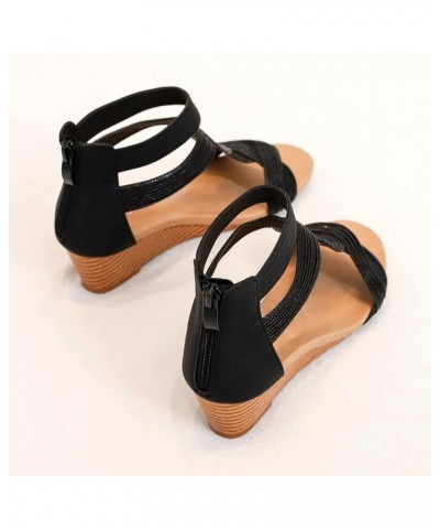 Sandals Women Wedge Low Heel, Spring Summer Fashion Open Round Toe Solid Color Back Zipper Soft Sole Comfortable Dressy Simpl...