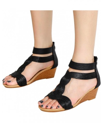 Sandals Women Wedge Low Heel, Spring Summer Fashion Open Round Toe Solid Color Back Zipper Soft Sole Comfortable Dressy Simpl...