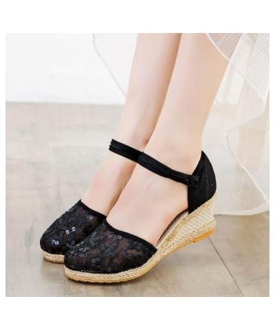 Platform Sneakers Women Wedges For Women Dressy Comfortable Women Clear High Heel Platform Wedge Pump Sandals For Wome Black-...