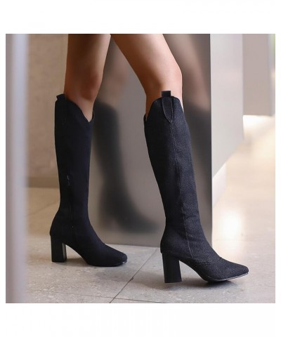 Denim Mid Calf Boots for Women High Heel,Vintage Pull On Tabs High Heel Wide Calf Boots Side Zipper Easy On Pointed Toe Long ...