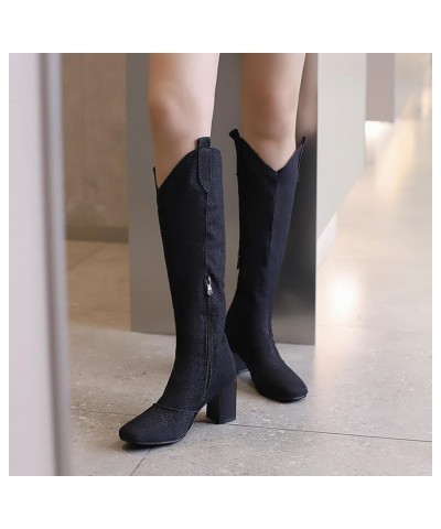 Denim Mid Calf Boots for Women High Heel,Vintage Pull On Tabs High Heel Wide Calf Boots Side Zipper Easy On Pointed Toe Long ...