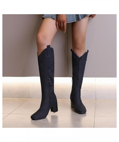 Denim Mid Calf Boots for Women High Heel,Vintage Pull On Tabs High Heel Wide Calf Boots Side Zipper Easy On Pointed Toe Long ...