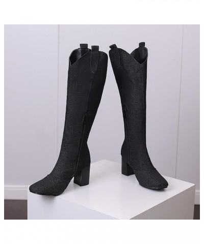 Denim Mid Calf Boots for Women High Heel,Vintage Pull On Tabs High Heel Wide Calf Boots Side Zipper Easy On Pointed Toe Long ...