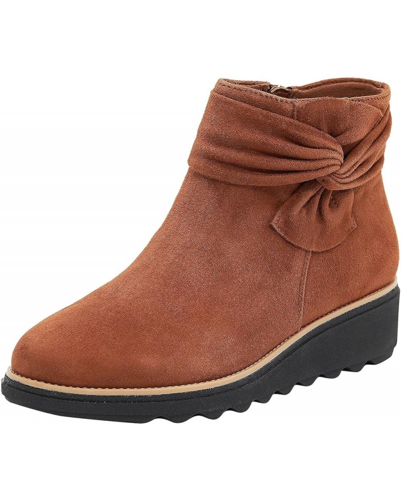 Heel Casual Wedge Zipper Short Side Warm Fashion Women's Boots Bowknot women's boots Women's Boots with Laces Brown $21.76 Boots