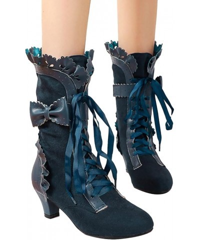 Womens Shoes Plus Size Lace Bow High Thick Heel Front Lace Up Plus Size Womens Short Dress Boots for Women Low Blue $28.76 Boots