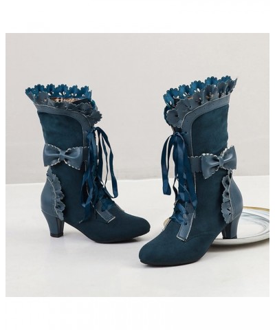 Womens Shoes Plus Size Lace Bow High Thick Heel Front Lace Up Plus Size Womens Short Dress Boots for Women Low Blue $28.76 Boots