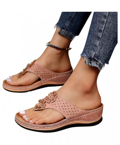 Wedge Sandals for Women 2024 Comfy Slider Flat Toe Sandals Summer Support T Flops Bottomed Slip Strap Women On With Arch Pink...