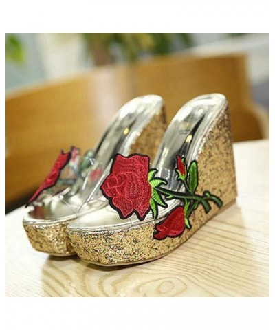 Women's Glitter Sequins Wedge Platform Sandals Clear Open Toe Slip On Thick High Heel Dress Sandal Gold Golden $32.99 Sandals