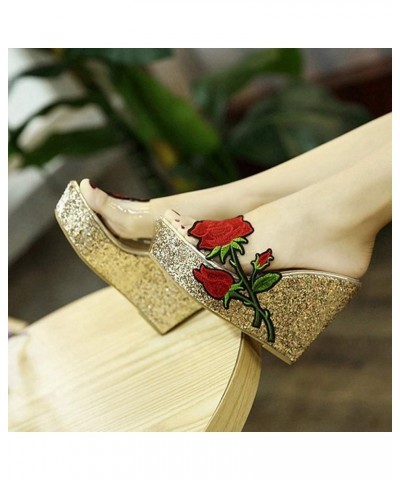 Women's Glitter Sequins Wedge Platform Sandals Clear Open Toe Slip On Thick High Heel Dress Sandal Gold Golden $32.99 Sandals