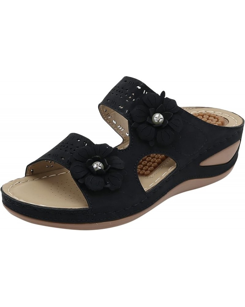 Women Summer Flowers Casual Open Toe Wedges Massage Soft Bottom Slippers Breathable Wide Width Wedges Sandals for Women Black...