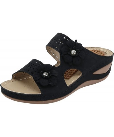 Women Summer Flowers Casual Open Toe Wedges Massage Soft Bottom Slippers Breathable Wide Width Wedges Sandals for Women Black...