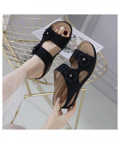 Women Summer Flowers Casual Open Toe Wedges Massage Soft Bottom Slippers Breathable Wide Width Wedges Sandals for Women Black...