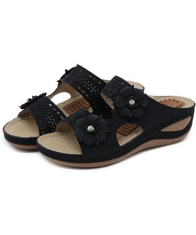 Women Summer Flowers Casual Open Toe Wedges Massage Soft Bottom Slippers Breathable Wide Width Wedges Sandals for Women Black...