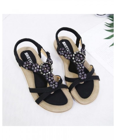 Womens T-Strap Buckle Flats Sandals Flip Flops Slide Sandals String Bead Casual Elastic Band Bohemian Beach Shoes Sandals De3...