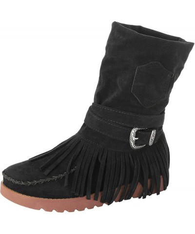 Shoes Casual Fashion Toe Retro Short Women's Fringe Boots Round Flat Women's Boots Ladies Shoes Black $30.08 Boots