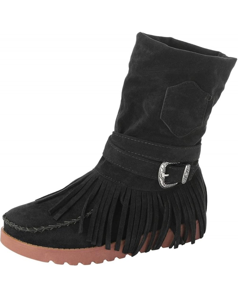 Shoes Casual Fashion Toe Retro Short Women's Fringe Boots Round Flat Women's Boots Ladies Shoes Black $30.08 Boots