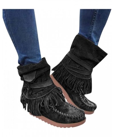 Shoes Casual Fashion Toe Retro Short Women's Fringe Boots Round Flat Women's Boots Ladies Shoes Black $30.08 Boots