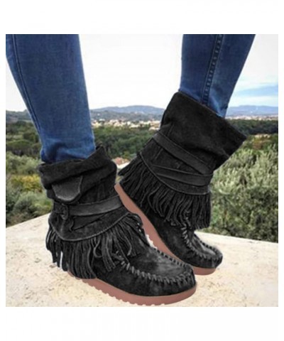 Shoes Casual Fashion Toe Retro Short Women's Fringe Boots Round Flat Women's Boots Ladies Shoes Black $30.08 Boots