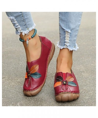 Flower Loafers Flat Mouth Round Single Shallow Fashion Women's Casual Shoes Toe Women's Pumps Red $17.58 Loafers & Slip-Ons