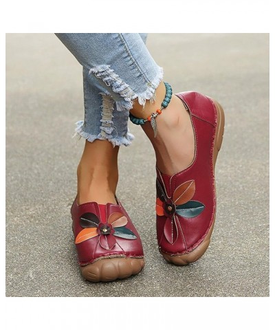 Flower Loafers Flat Mouth Round Single Shallow Fashion Women's Casual Shoes Toe Women's Pumps Red $17.58 Loafers & Slip-Ons